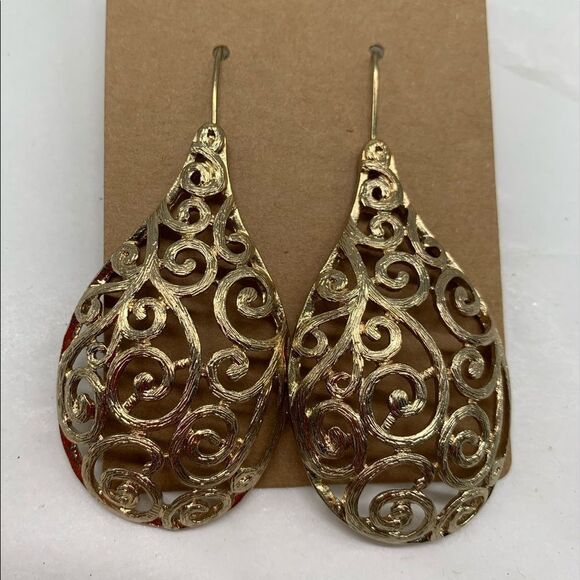 Large Boho Teardrop Filigree Fishhook Earrings Drop Dangle Gold Tone Elegant - Picture 1 of 5